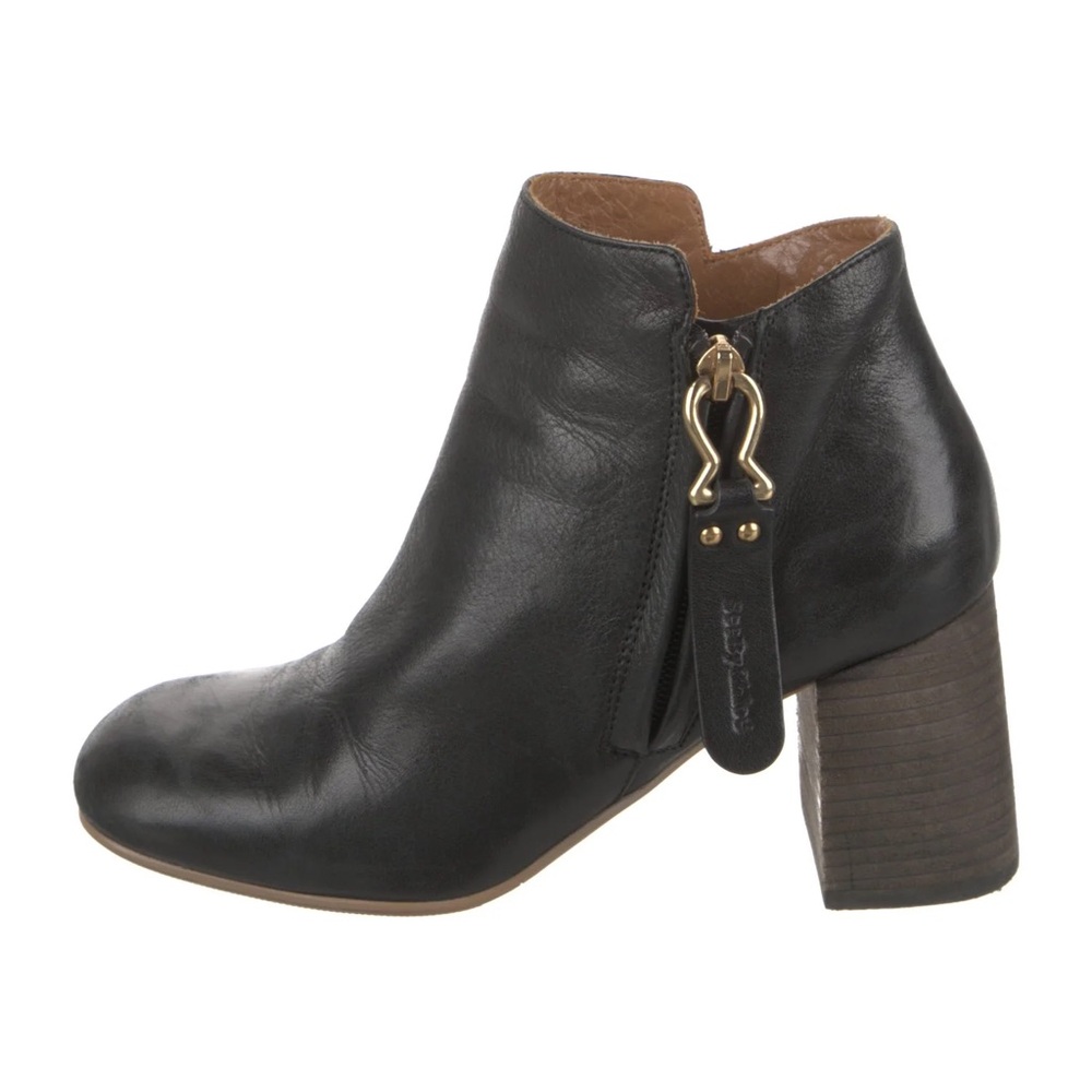 see by chloe howl booties black leather brown block heel zipper luxury 37.5